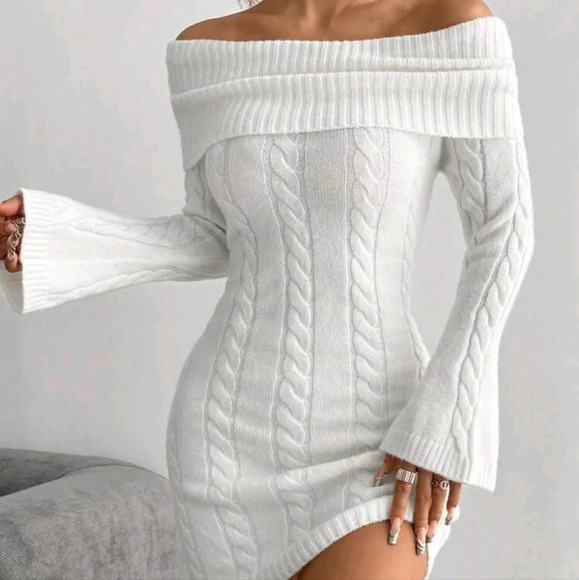 Dresses & Skirts - Women's Off-Shoulder Elegant Long Sleeve Cable Knitted Bodycon Midi Dress,